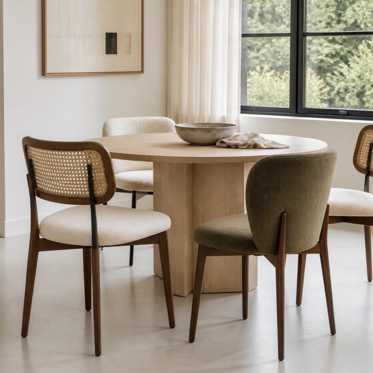 A round pale wood pedestal table with a cane-back chair on a cream textured seat, a cream boucle chair and an olive green upholstered chair around it