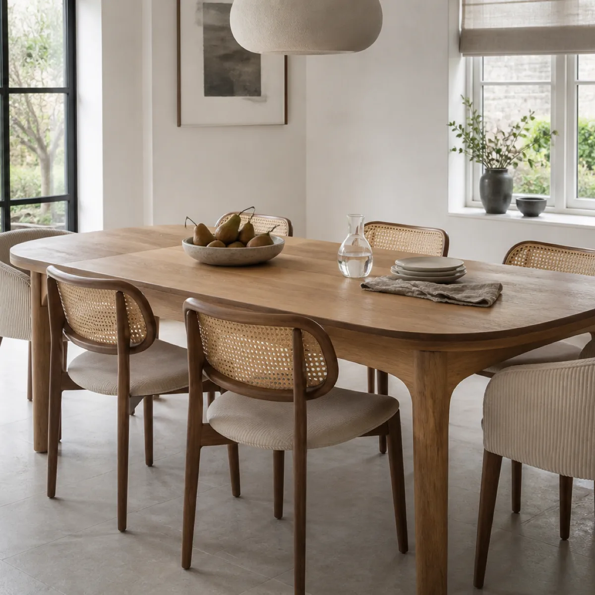 A dining table laid with chairs around it in a bright, modern room
