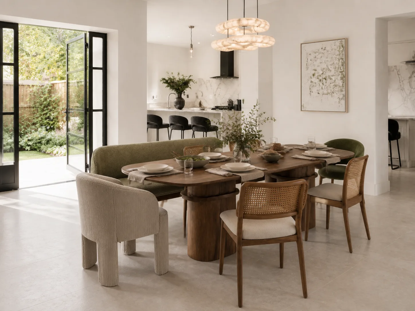 Dining table and chairs in a warm modern kitchen